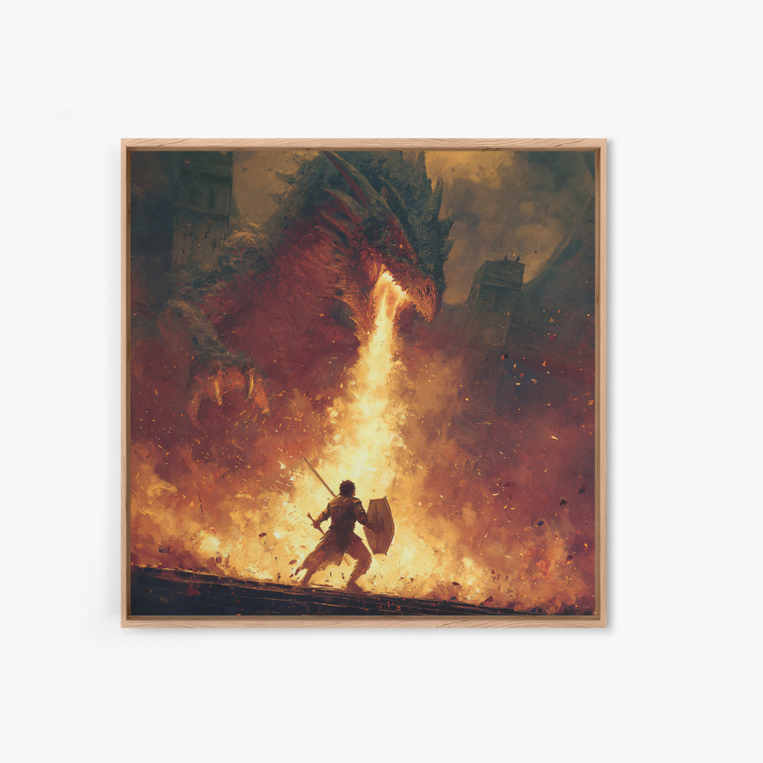 Warrior Facing Fire Breathing Dragon Framed Canvas Print, Epic Fantasy Wall Art, Hero Battle Decor, Gaming Room Gift For Him, Large Art