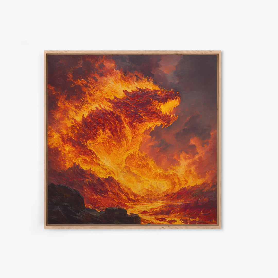 Blazing Fire Dragon Rising From Lava Canvas Print, Fantasy Wall Art, Orange Statement Artwork, Dark Fantasy Home Decor, Gift For Him