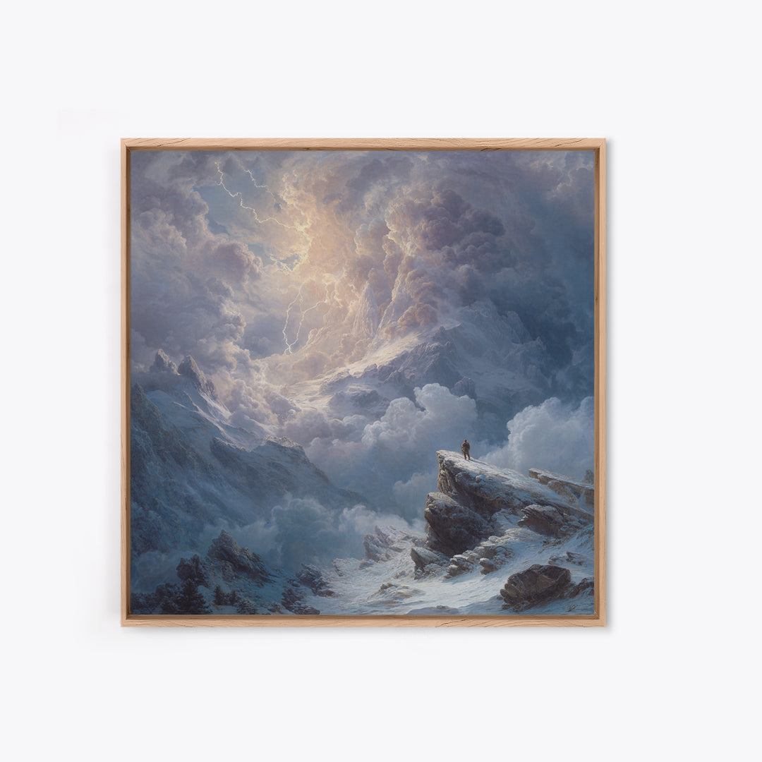 Lone Explorer On Snowy Mountain Storm Canvas Print, Winter Landscape Wall Art, Moody Nature Decor, Adventure Gift For Him