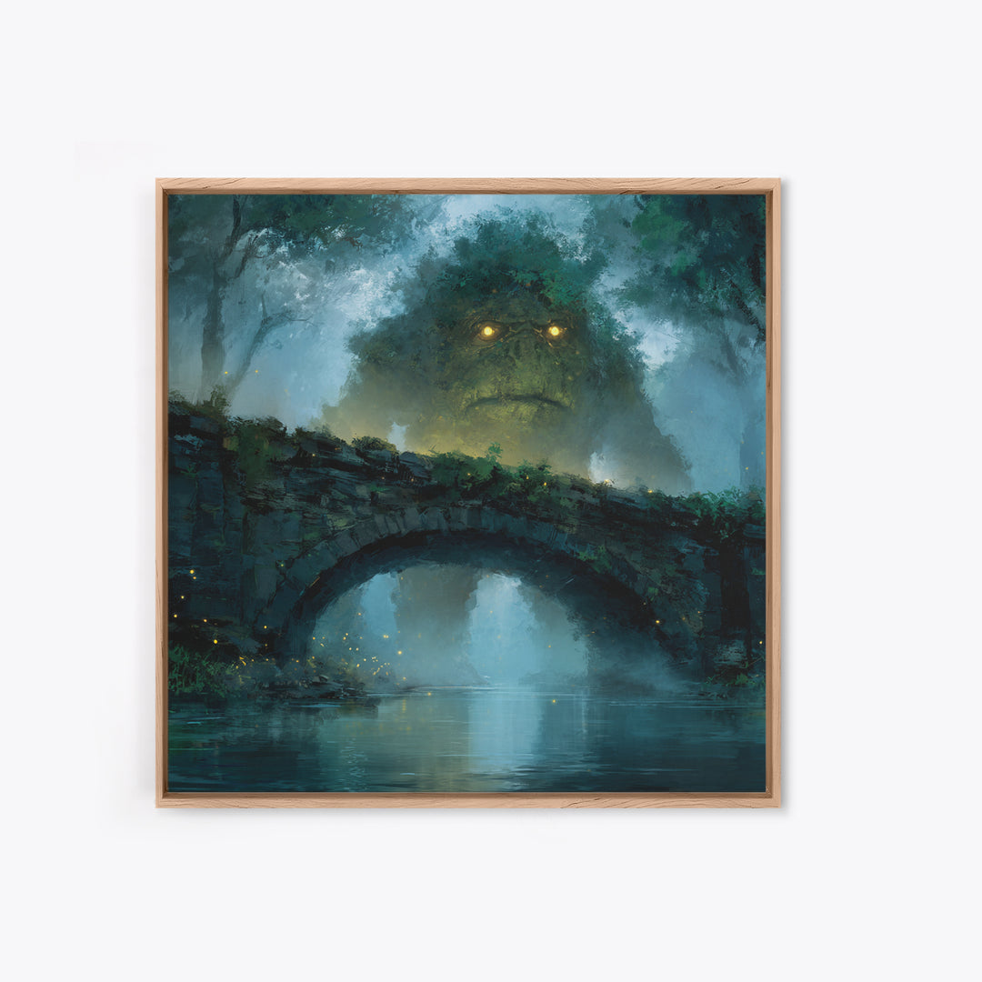 Mossy Forest Giant Above Stone Bridge Framed Canvas Print, Whimsical Fantasy Wall Art, Nature Decor, Cozy Gift For Her, Woodland Home Decor