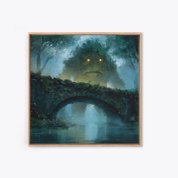 Mossy Forest Giant Above Stone Bridge Framed Canvas Print, Whimsical Fantasy Wall Art, Nature Decor, Cozy Gift For Her, Woodland Home Decor