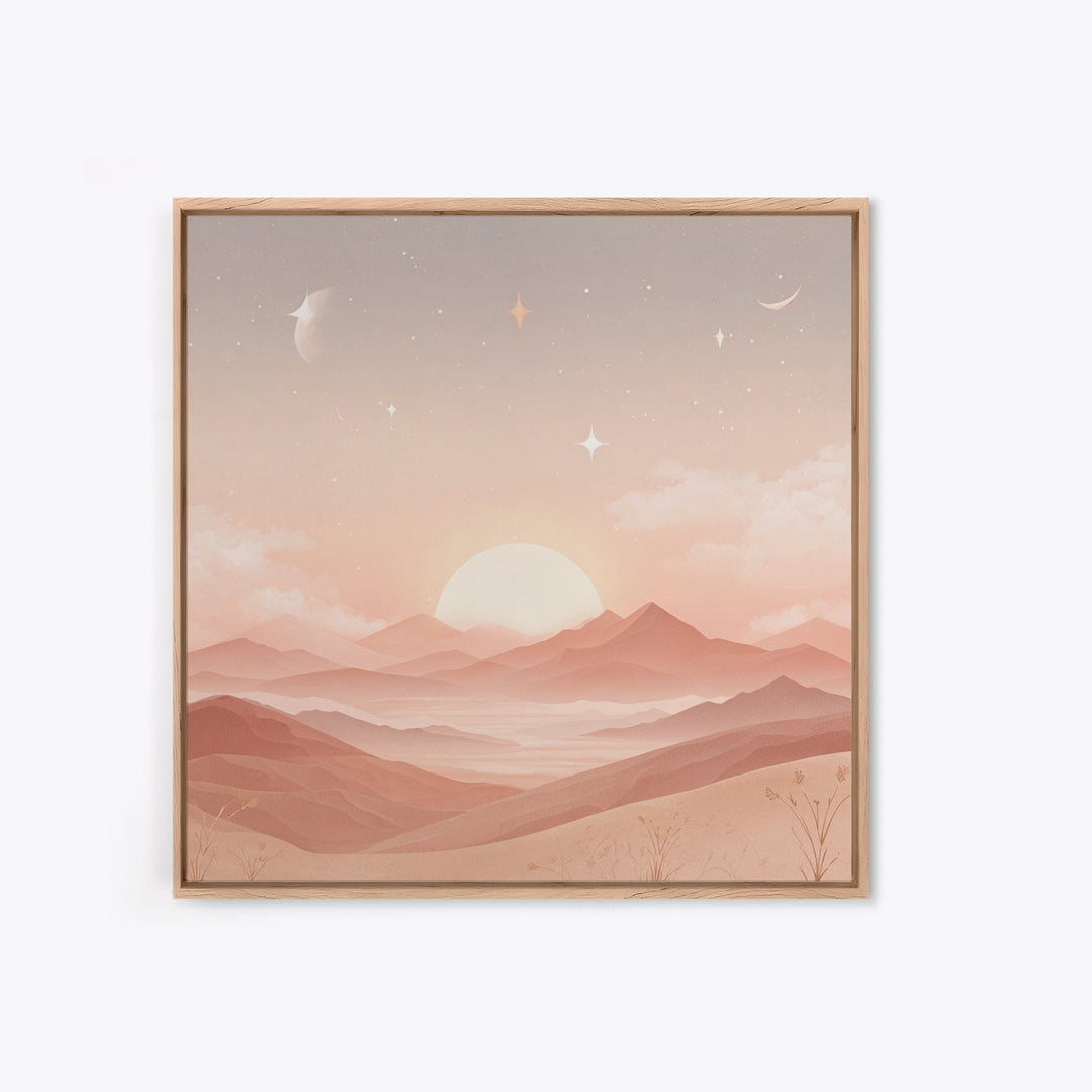 Peach Sunrise Mountains With Moon And Stars Wall Art, Minimalist Landscape Print, Celestial Nursery Decor, Above Bed Art
