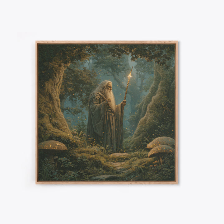 Ancient Wizard With Glowing Staff Framed Canvas Print, Fantasy Wall Art, Enchanted Forest Home Decor, Dark Academia Gift
