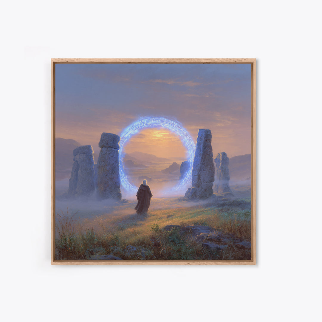 Glowing Rune Portal Between Ancient Stones Canvas Print, Fantasy Landscape Wall Art, Mystical Home Decor, Magic Gateway Art