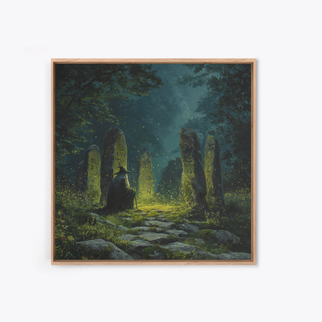 Dark Witch At Ancient Rune Stones Wall Art, Gothic Fantasy Canvas Print, Mystical Forest Decor, Dark Academia Poster Gift