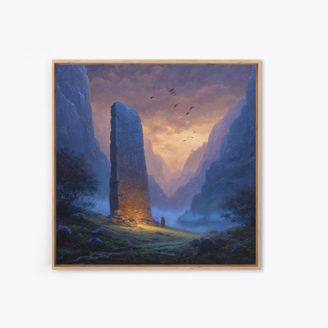 Carved Rune Monolith In Misty Mountain Valley Wall Art, Fantasy Landscape Canvas Print, Mystical Ancient Stone Home Decor