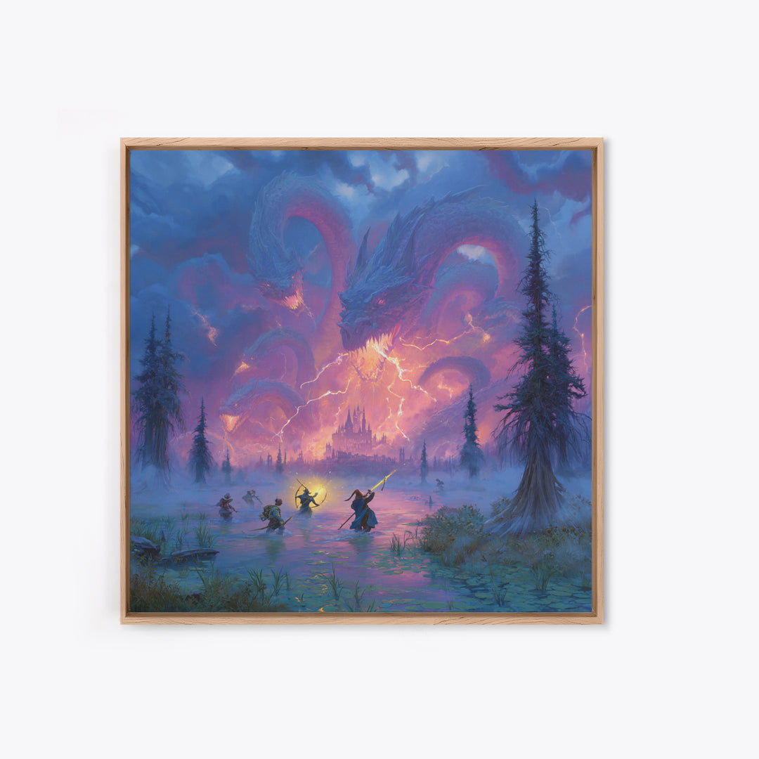 Epic Blue Dragon Battle Over Misty Castle Canvas Print, Fantasy Wall Art, Dungeons And Dragons Decor, Gamer Room Decor Gift