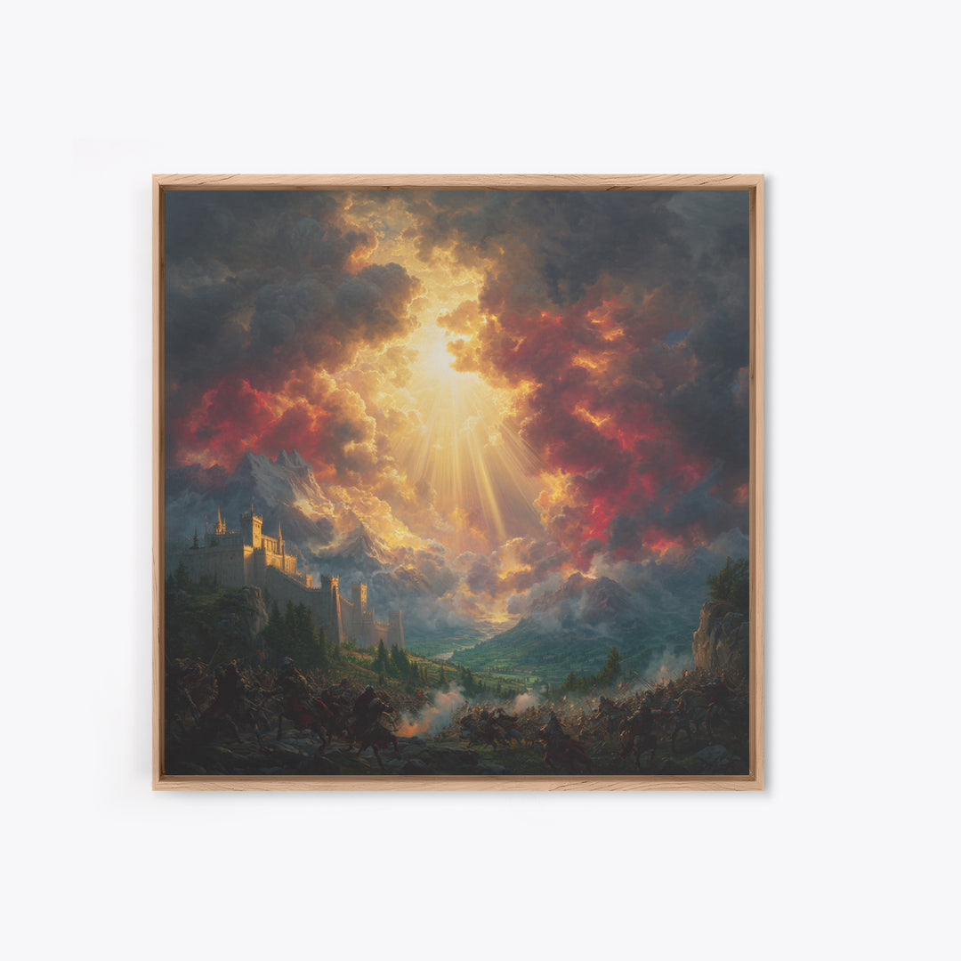 Heavenly Light Over Castle And Mountain Battlefield Wall Art, Epic Fantasy Canvas Print, Dramatic Landscape Home Decor Gift