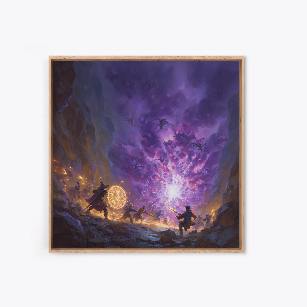 Wizard Party Fighting Purple Demon Portal Wall Art, Dark Fantasy Canvas Print, Dungeons And Dragons Game Room Decor Gift