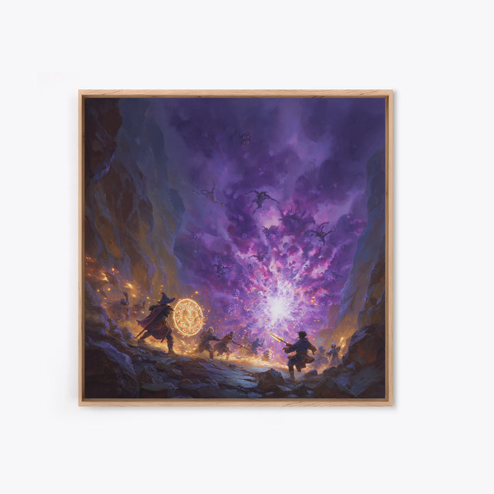 Wizard Party Fighting Purple Demon Portal Wall Art, Dark Fantasy Canvas Print, Dungeons And Dragons Game Room Decor Gift