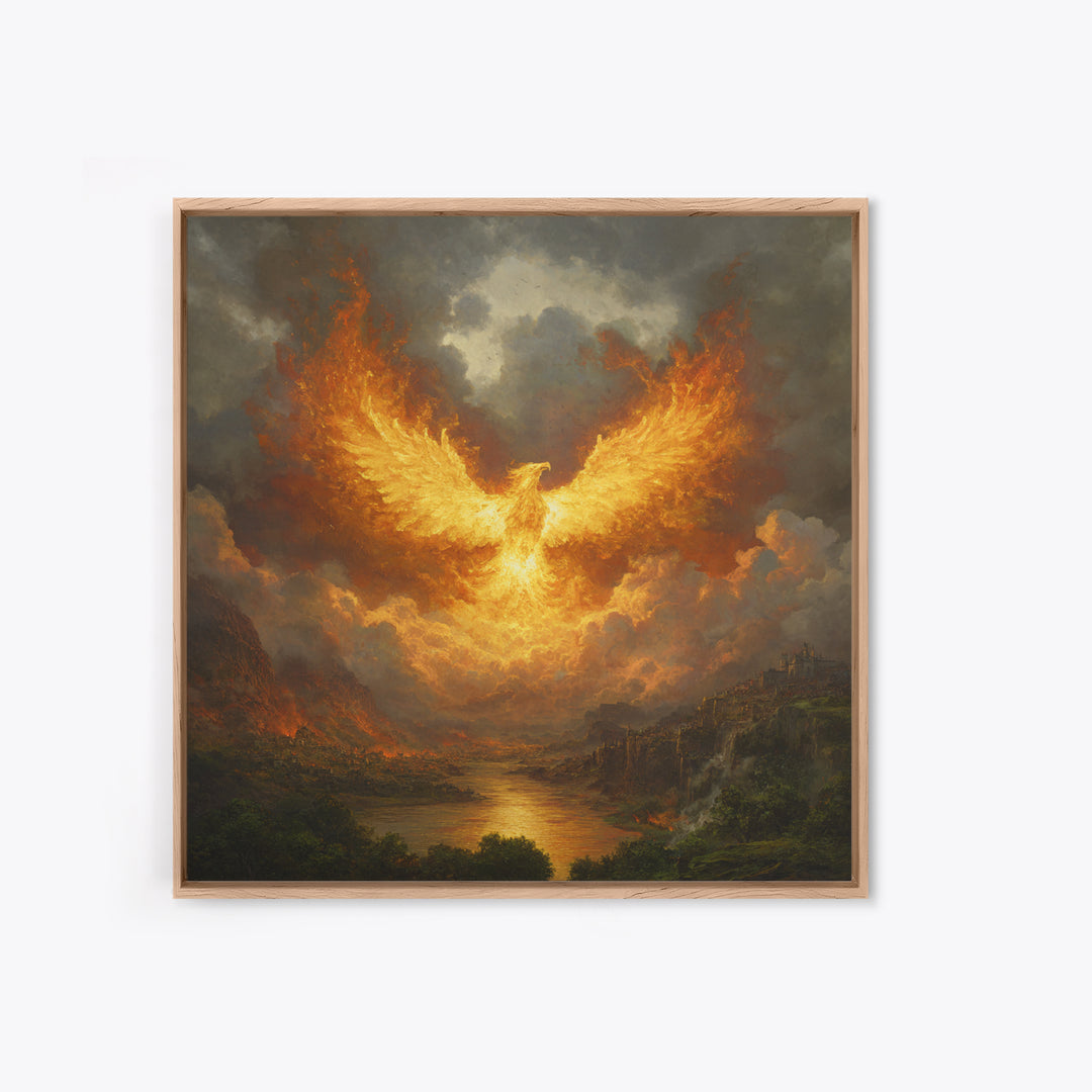 Fiery Phoenix Rising Above Stormy Valley Wall Art, Mythical Fantasy Canvas Print, Dramatic Firebird Epic Home Decor Gift