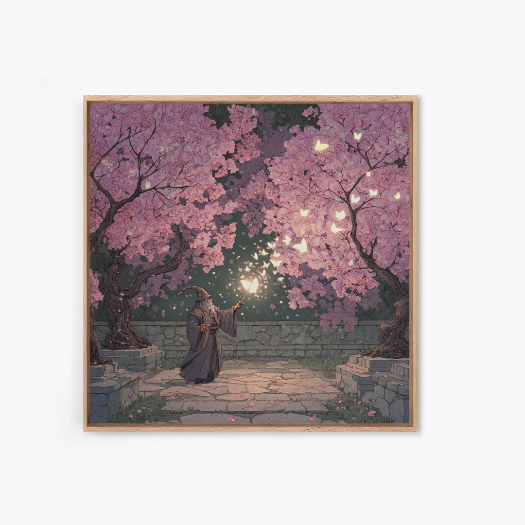 Wizard Casting Light Beneath Cherry Blossoms Canvas Print, Fantasy Wall Art, Pink Floral Magical Garden Home Decor, Unique Gift