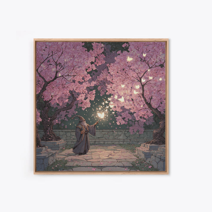 Wizard Casting Light Beneath Cherry Blossoms Canvas Print, Fantasy Wall Art, Pink Floral Magical Garden Home Decor, Unique Gift