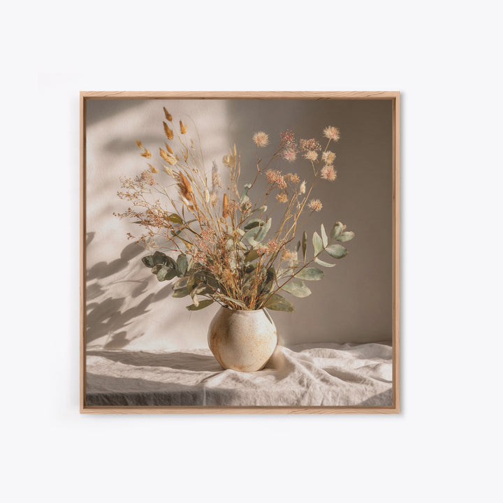 Sunlit Dried Eucalyptus Vase Wall Art, Neutral Botanical Canvas Print, Japandi Home Decor, Minimalist Bedroom Decor Gift For Her