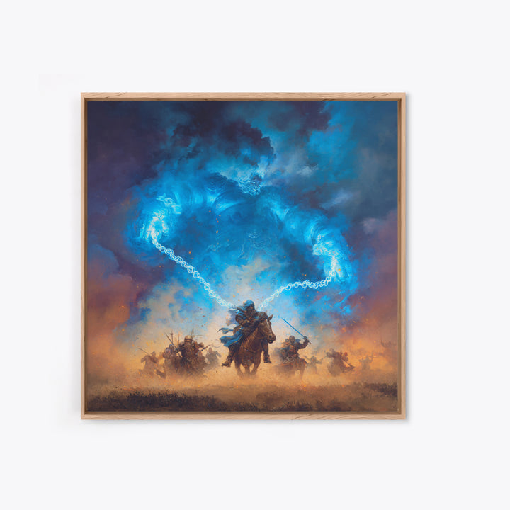 Blue Storm Giant Battle Wall Art, Epic Fantasy Canvas Print, Dark Wizard Decor, Medieval Warrior Gift, Moody Game Room Art