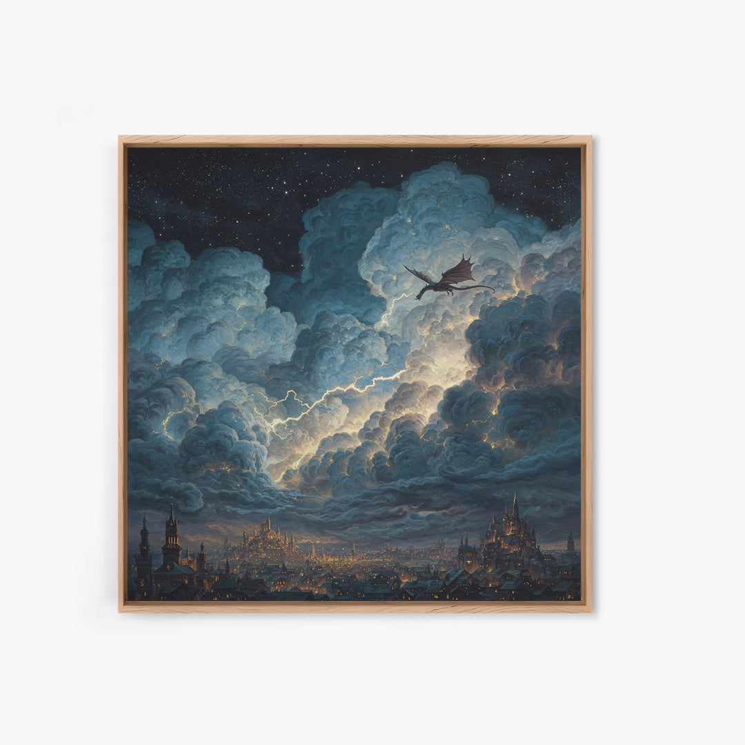 Night Dragon Storm Cloud Wall Art, Fantasy City Canvas Print, Gothic Castle Decor, Moody Sky Art, Gift For Dragon Lovers