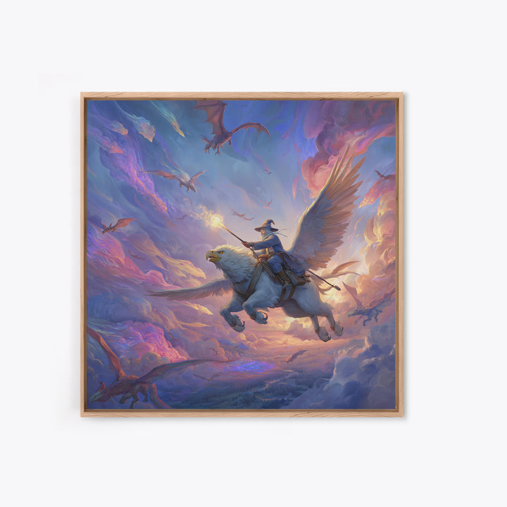 Griffin Rider Sky Battle Wall Art, Whimsical Fantasy Canvas Print, Pastel Dragon Decor, Magical Nursery Or Game Room Art