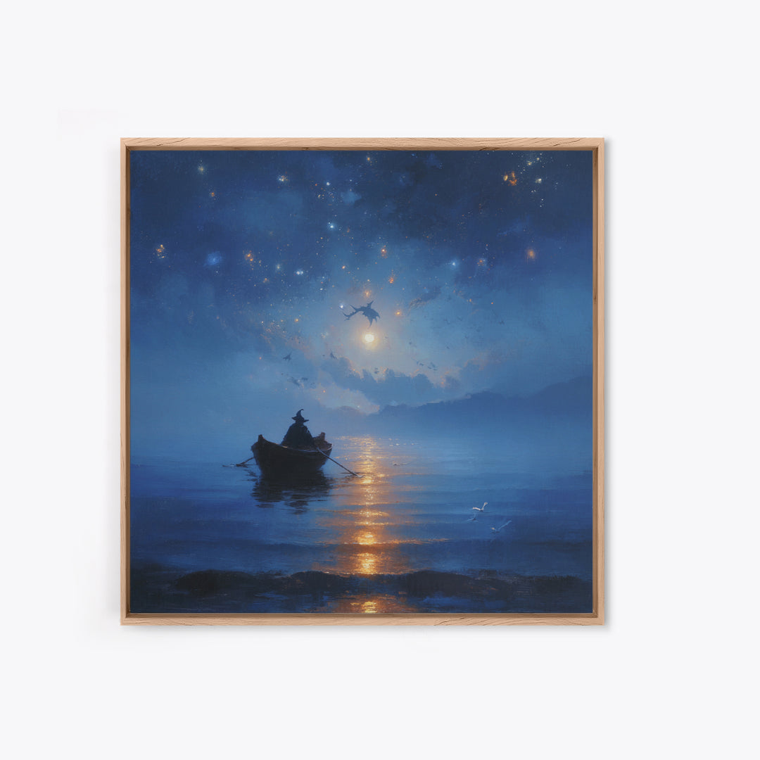 Moonlit Wizard Boat Wall Art, Blue Fantasy Seascape Canvas Print, Celestial Ocean Decor, Dreamy Bedroom Or Office Art Gift