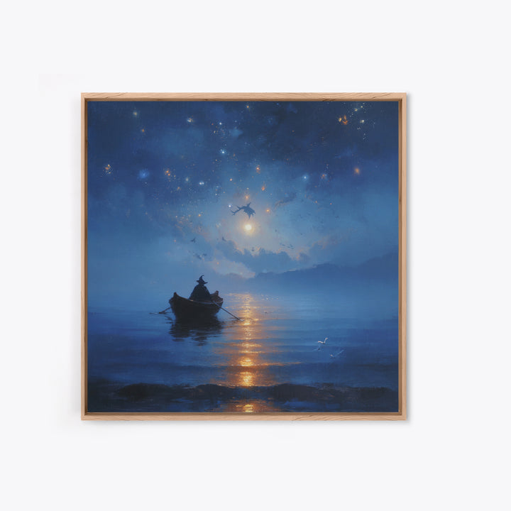 Moonlit Wizard Boat Wall Art, Blue Fantasy Seascape Canvas Print, Celestial Ocean Decor, Dreamy Bedroom Or Office Art Gift