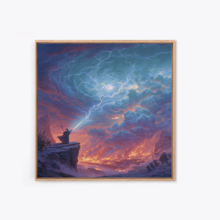 Lightning Wizard Cliff Wall Art, Epic Fantasy Storm Canvas Print, Dramatic Mountain Decor, Dark Magic Gift For Game Room