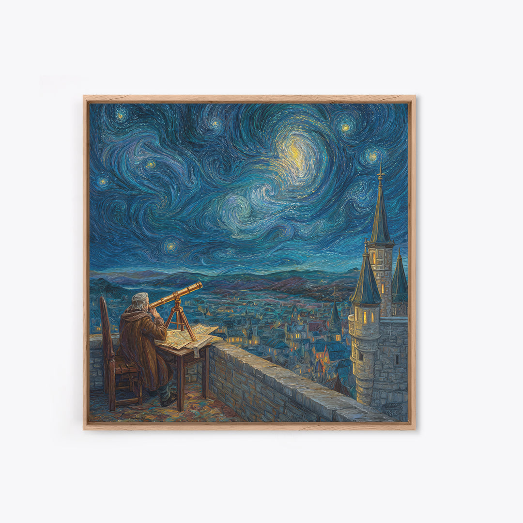 Starry Astronomer Tower Wall Art, Van Gogh Style Canvas Print, Celestial Medieval City Decor, Astronomy Gift For Office Decor