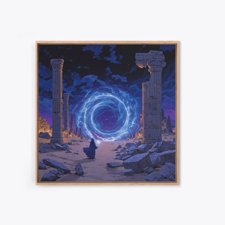 Ancient Ruins Magic Portal Wall Art, Blue Fantasy Canvas Print, Mystical Wizard Decor, Surreal Game Room Or Home Office Gift