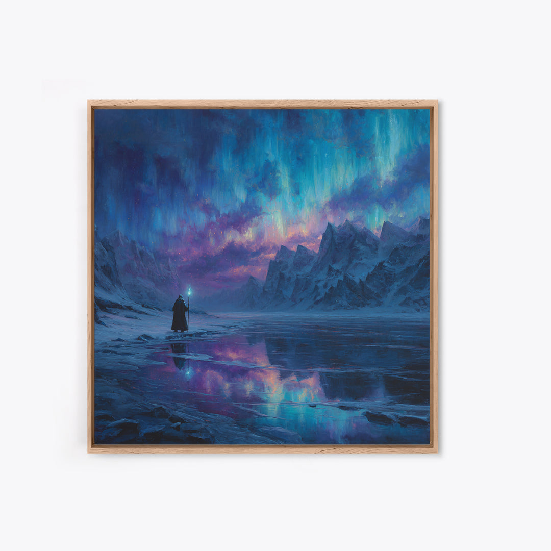 Aurora Mountain Wizard Wall Art, Frozen Fantasy Landscape Canvas Print, Northern Lights Decor, Moody Bedroom Or Office Gift