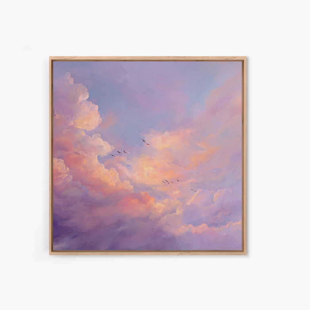 Blush Pink Cloudscape With Birds Framed Canvas Print, Pastel Sky Wall Art For Nursery Decor And Calming Bedroom Decor Gift
