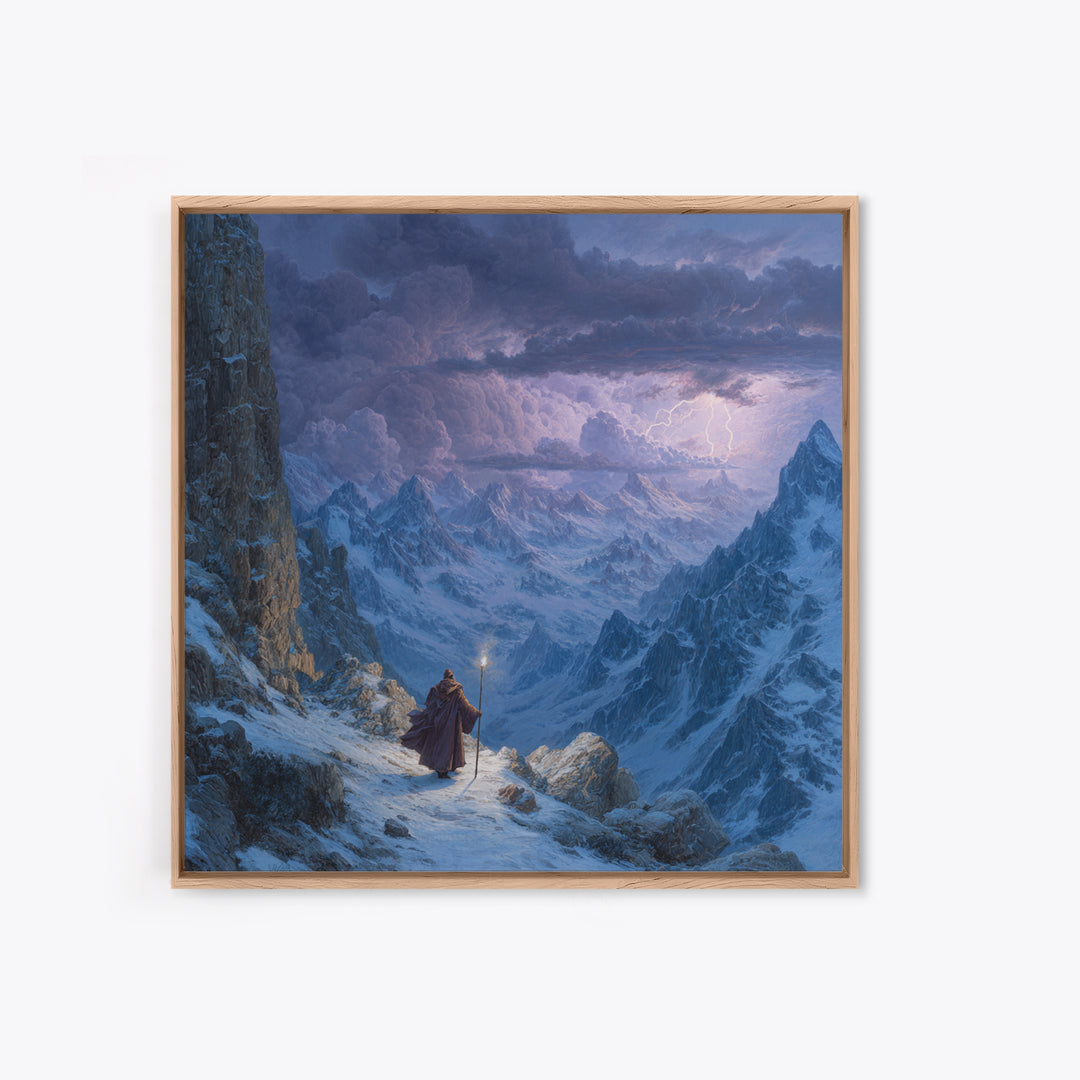 Wizard On Stormy Mountain Pass Wall Art, Fantasy Landscape Painting, Moody Alpine Adventure Decor, Large Living Room Art