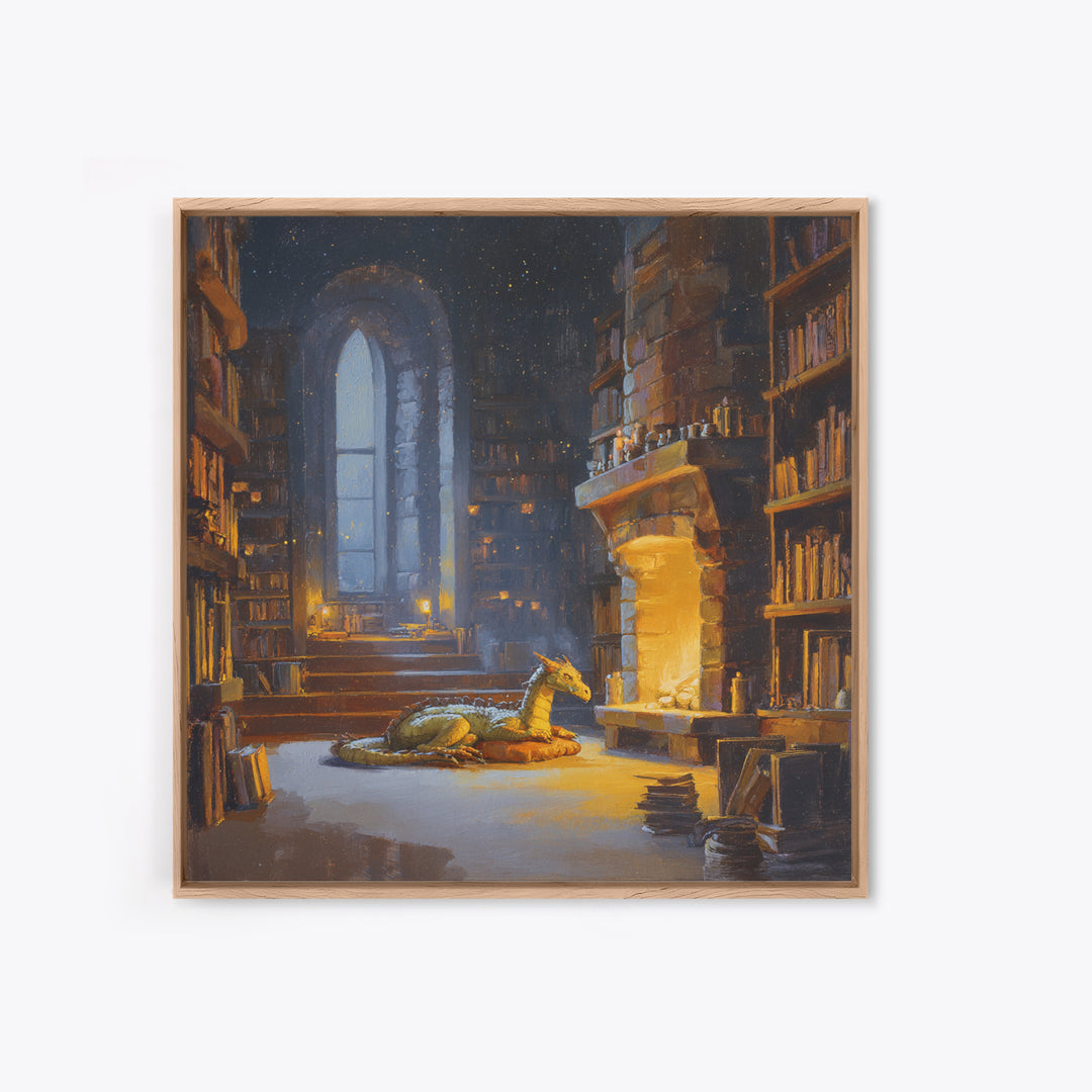 Sleeping Dragon In Magical Library Framed Canvas Print, Fantasy Bookish Wall Art, Cozy Reading Nook Decor Gift For Readers