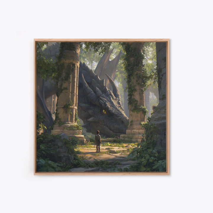 Giant Dragon In Overgrown Ruins Canvas Print, Fantasy Adventure Wall Art, Mythical Creature Decor, Kids Room Decor Gift Idea