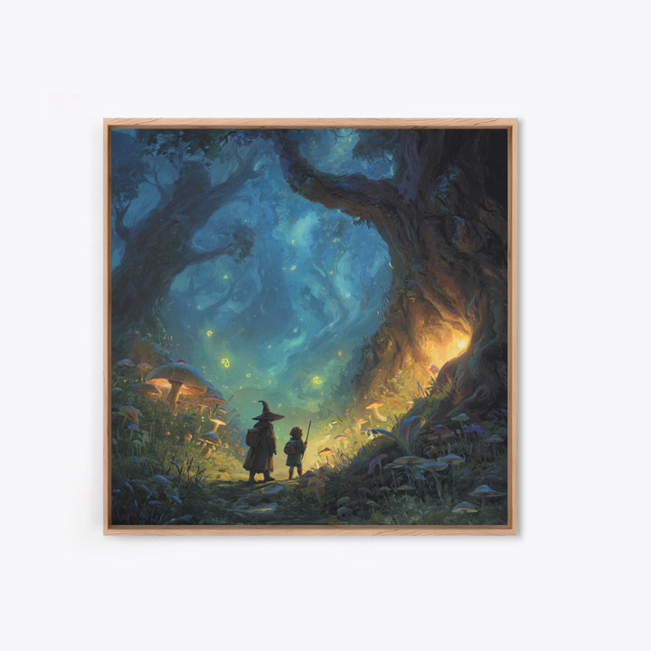 Wizard And Child In Enchanted Forest Wall Art, Whimsical Fantasy Painting, Mushroom Woodland Decor, Magical Kids Room Art