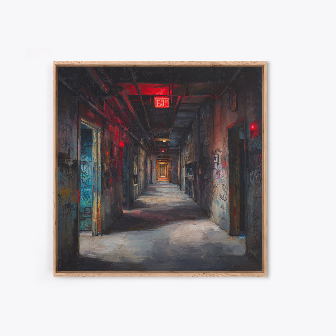 Dark Abandoned Corridor Wall Art, Moody Urban Exploration Painting, Industrial Gothic Decor, Graffiti Hallway Office Art