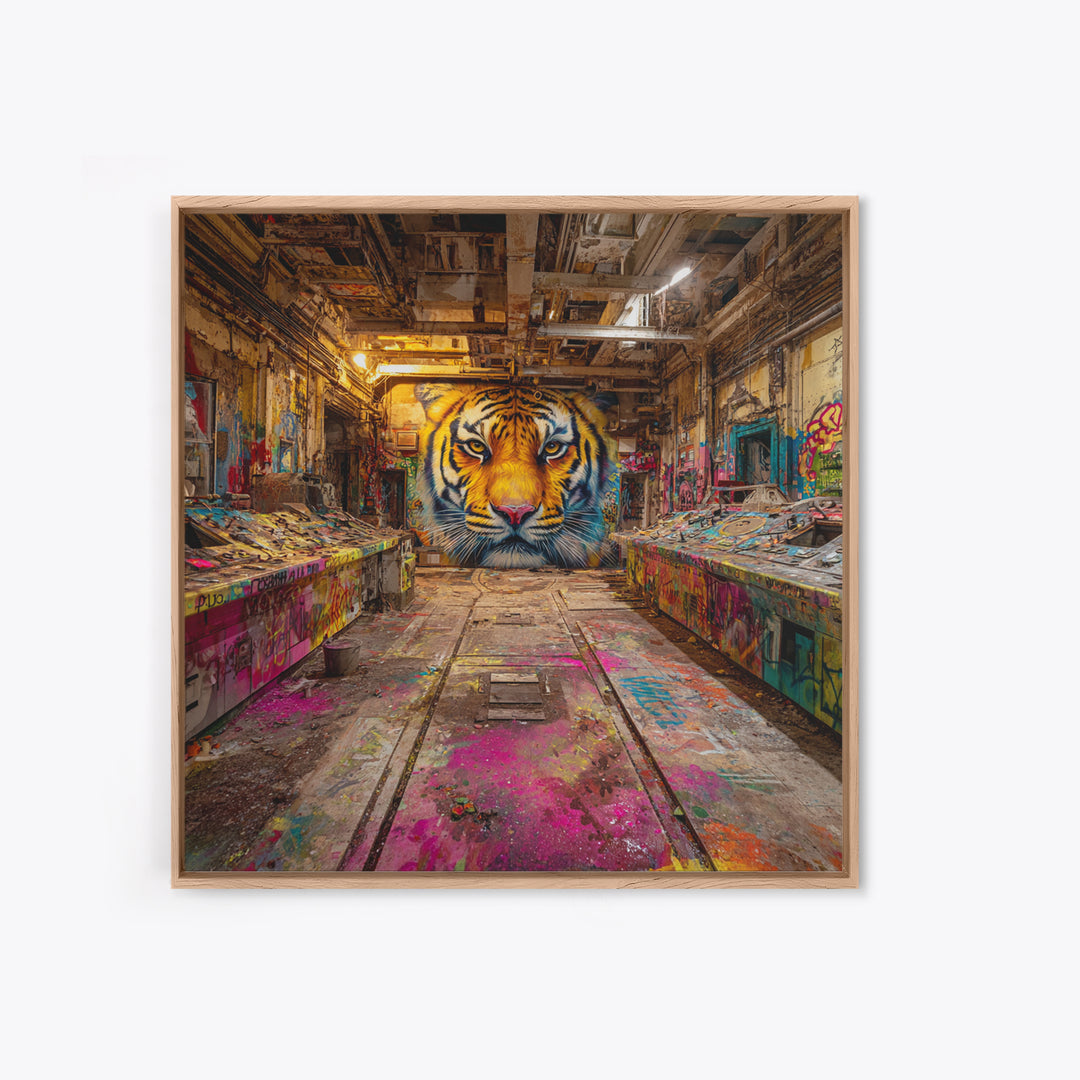 Tiger Graffiti Mural In Abandoned Factory Canvas Print, Urban Street Art, Wildlife Wall Art, Bold Industrial Loft Decor Gift