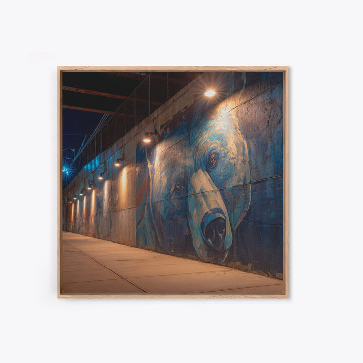 Blue Bear Street Mural Canvas Print, Urban Graffiti Wall Art, Moody City Decor, Wildlife Art, Modern Wall Decor, Night Photography