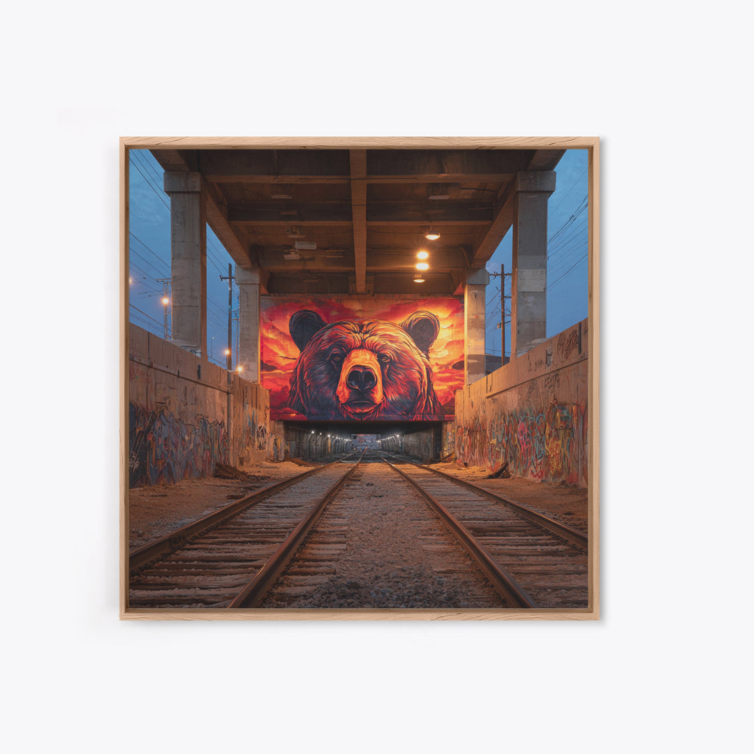 Sunset Bear Railroad Mural Framed Canvas Print, Urban Graffiti Wall Art, Industrial Decor, Wildlife Statement Art, Man Cave Decor
