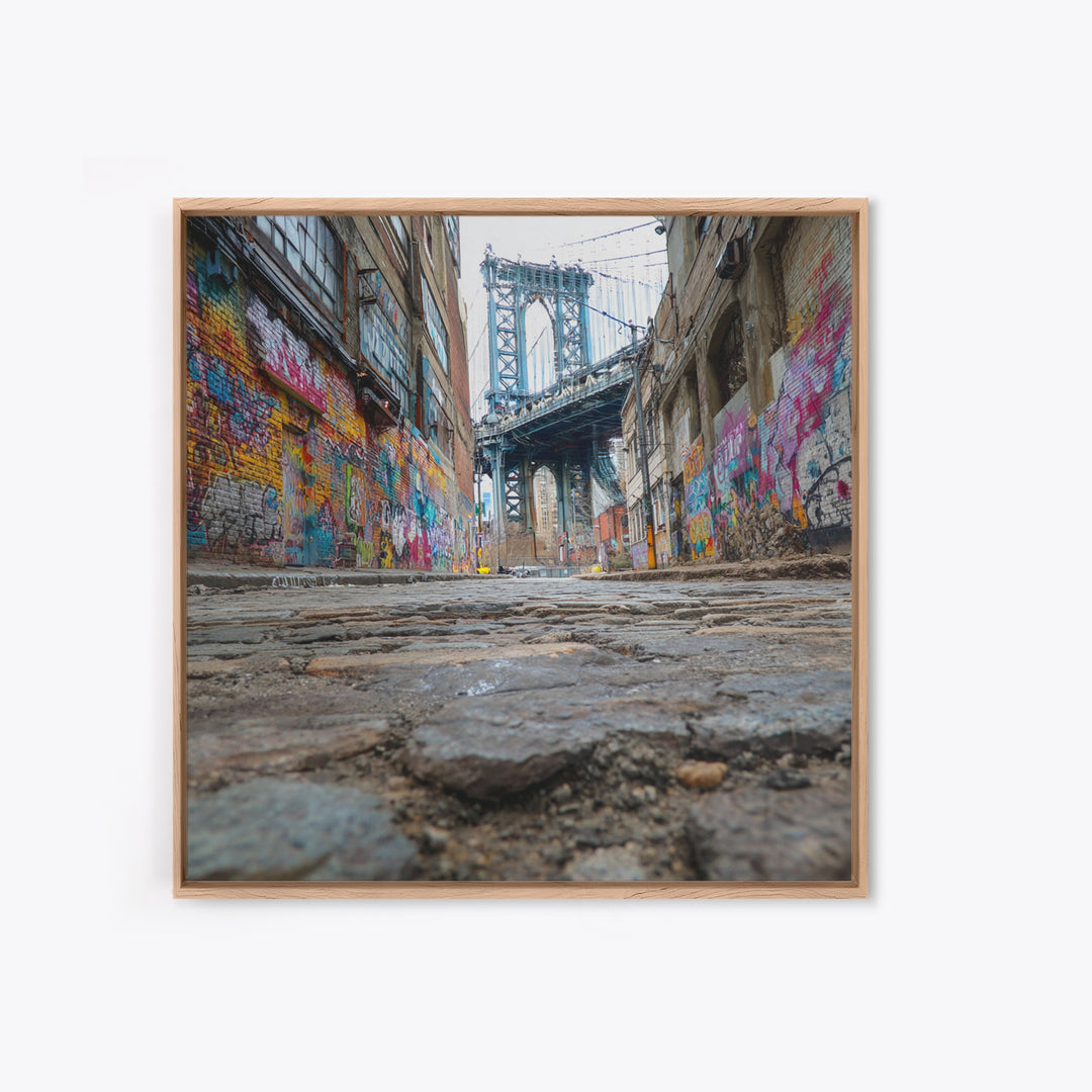 Cobblestone Alley And Bridge Wall Art, Urban Graffiti Photography Print, New York City Decor, Industrial Wall Decor, Travel Poster