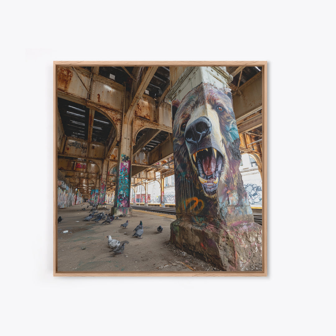 Roaring Bear Pillar Mural Canvas Print, Urban Graffiti Wall Art, Industrial Decor, Wildlife Art, Bold Animal Decor, Man Cave Decor