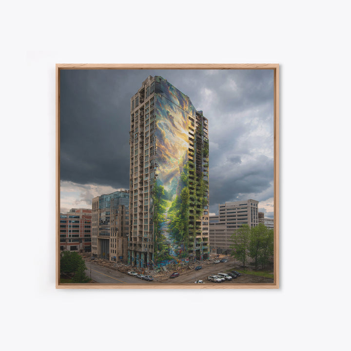 Stormy City Tower With Nature Mural Canvas Print, Urban Architecture Wall Art, Surreal Street Art, Modern Office Decor For Loft