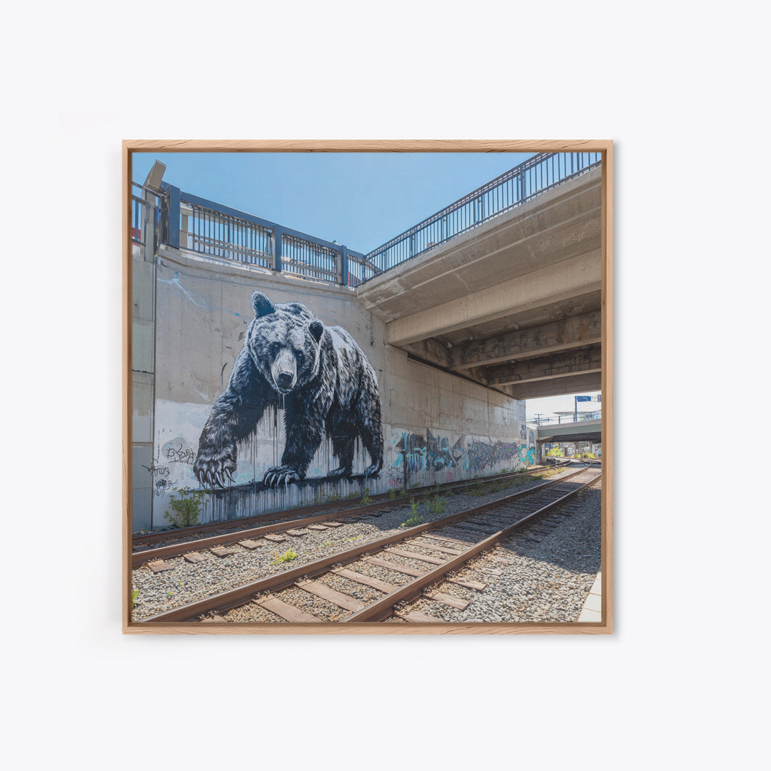 Black Bear Graffiti Mural By Train Tracks Canvas Print, Urban Wildlife Wall Art, Industrial Street Art Decor For Modern Loft