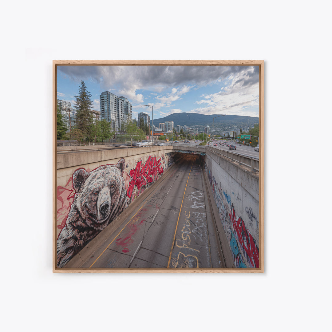 Bear Mural Highway Underpass Cityscape Wall Art, Urban Wildlife Print, Mountain Landscape Decor, Graffiti Street Photography