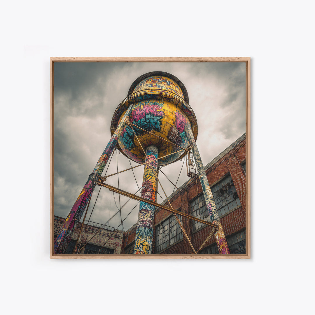 Graffiti Water Tower Under Stormy Sky Wall Art, Industrial Urban Print, Street Art Photography, Bold Loft Decor For Home