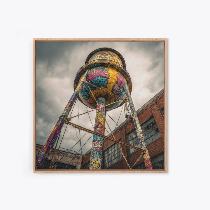 Graffiti Water Tower Under Stormy Sky Wall Art, Industrial Urban Print, Street Art Photography, Bold Loft Decor For Home