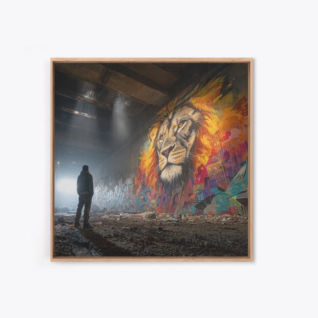 Underground Lion Mural In Shadowed Tunnel Framed Canvas Print, Urban Wildlife Wall Art, Graffiti Decor, Moody Street Photography