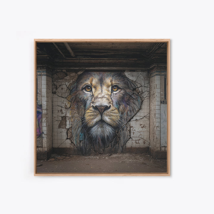 Cracked Wall Lion Portrait Graffiti Wall Art, Abandoned Subway Mural Print, Urban Wildlife Decor, Moody Animal Art For Home