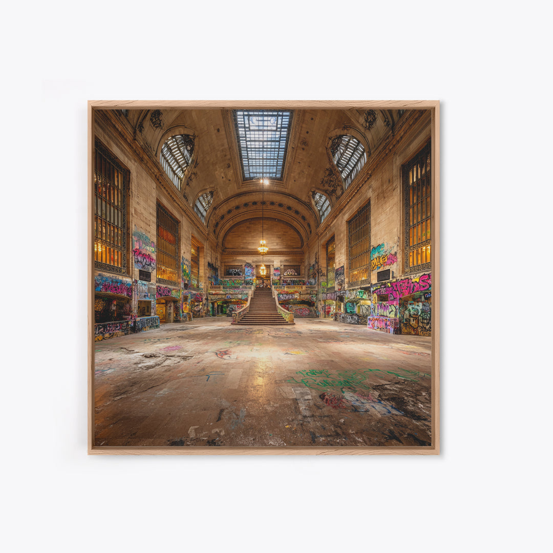 Abandoned Grand Hall Graffiti Framed Canvas Print, Urban Street Art, Industrial Wall Decor, Large Statement Artwork, Modern Home Decor