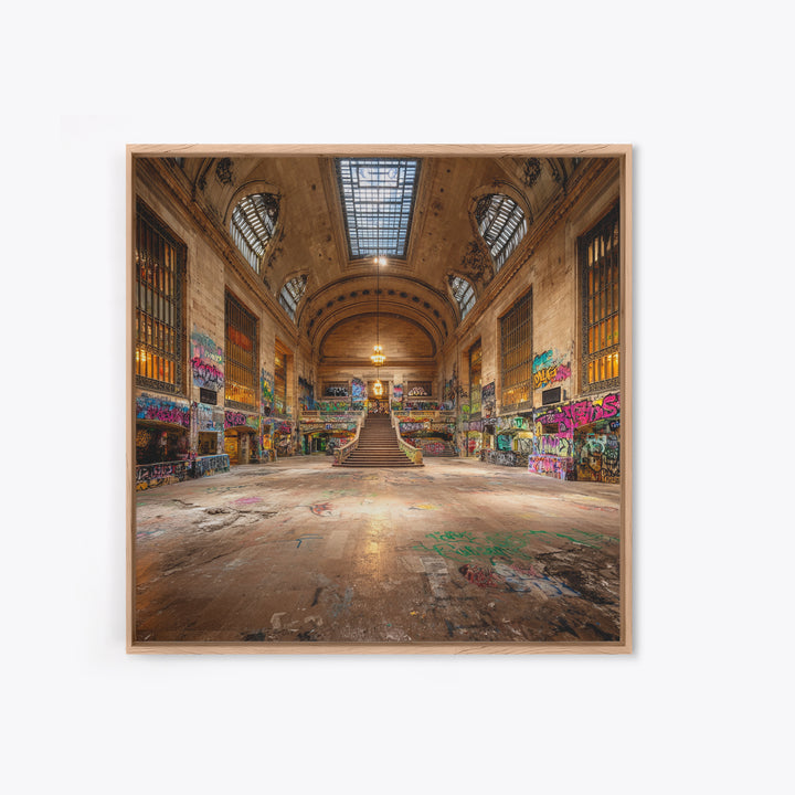 Abandoned Grand Hall Graffiti Framed Canvas Print, Urban Street Art, Industrial Wall Decor, Large Statement Artwork, Modern Home Decor