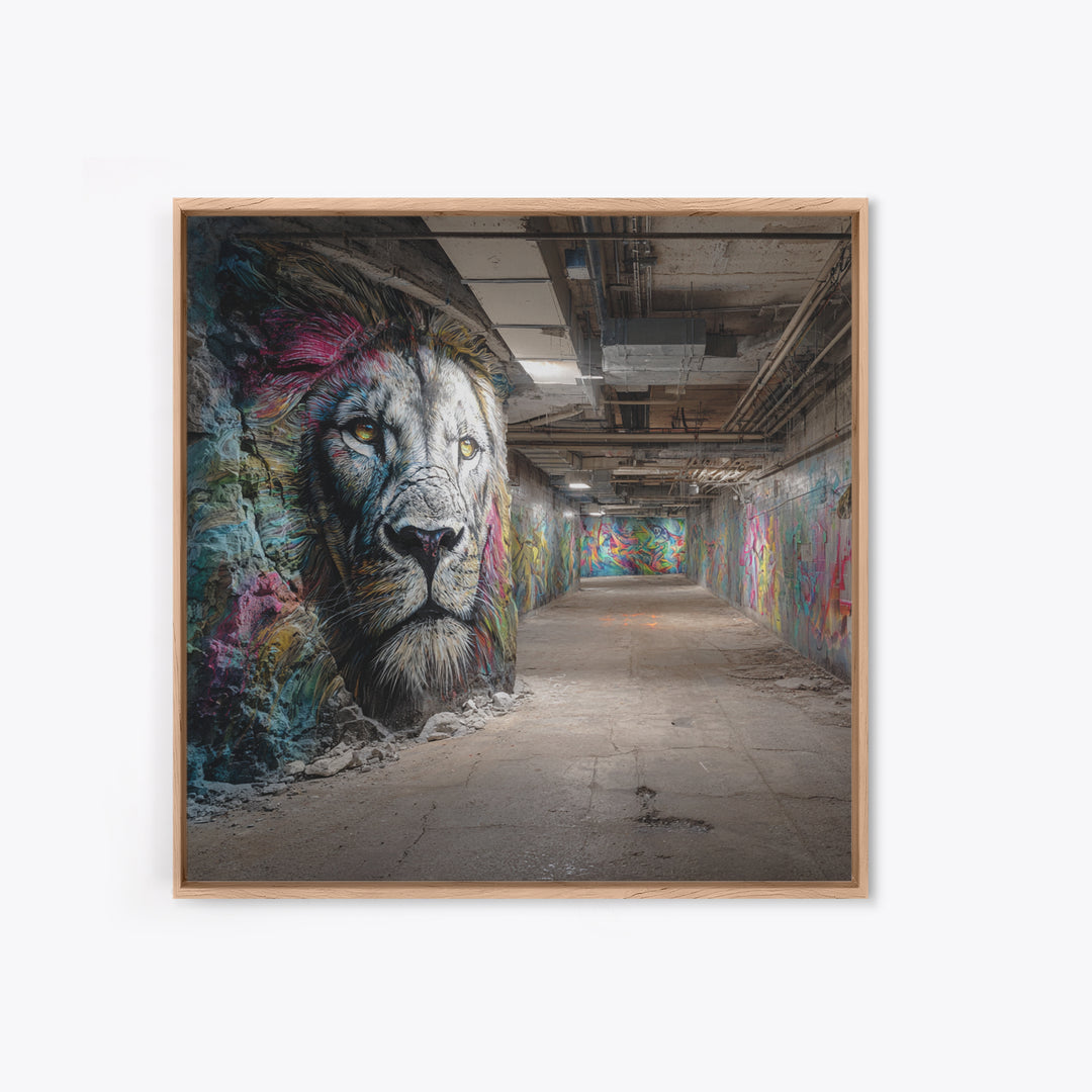 White Lion Graffiti Tunnel Wall Art, Urban Street Art Canvas Print, Wildlife Mural Decor, Industrial Loft Statement Art Gift
