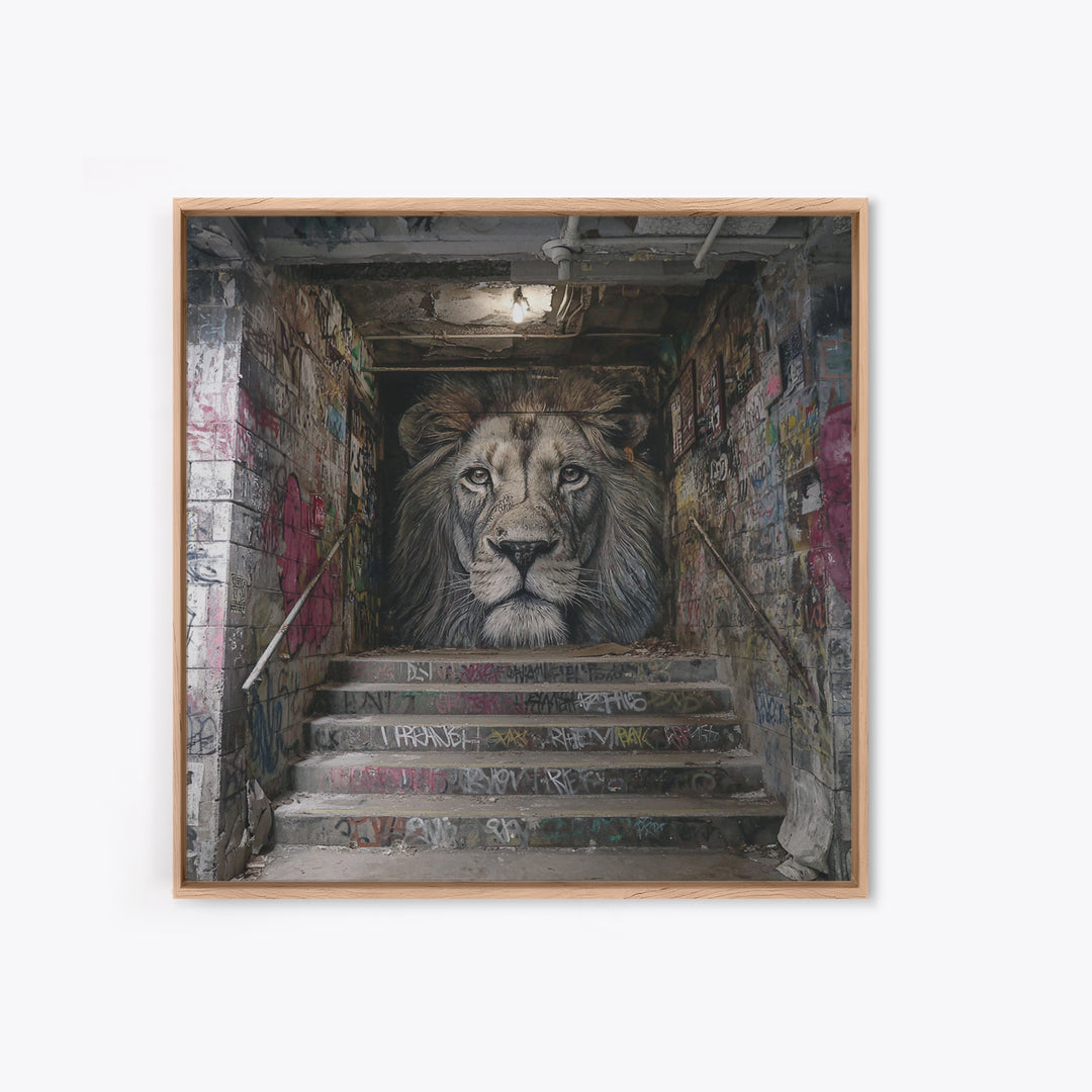 Realistic Lion Stairwell Wall Art, Urban Graffiti Mural Canvas Print, Street Art Decor, Bold Animal Office Poster For Men