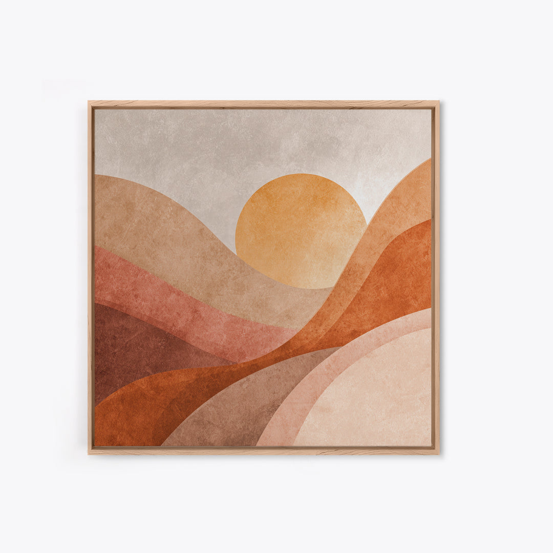 Terracotta Sun Over Abstract Hills Framed Canvas Print, Earth Tone Wall Art For Modern Home Decor And Living Room Wall Decor